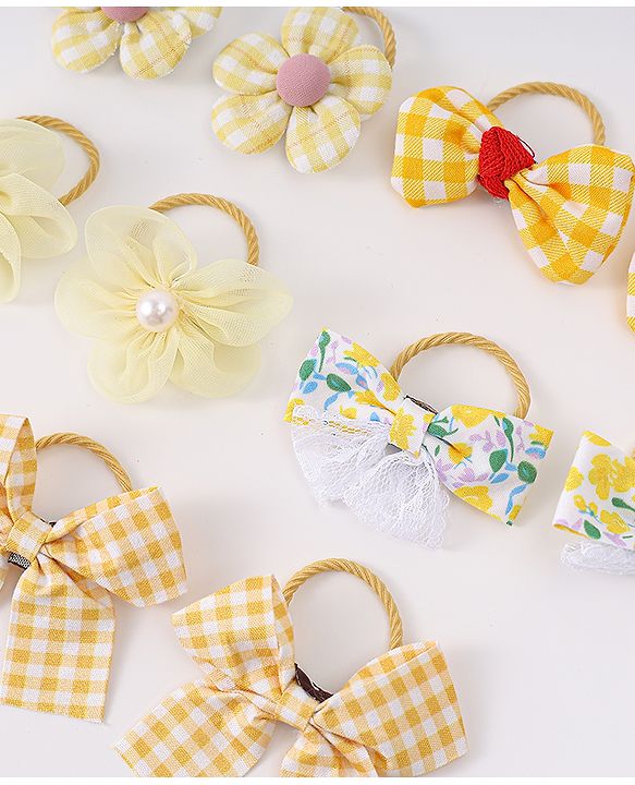 Babyhug Free Size Rubber Bands with Bow and Floral Applique Pack of 10 - Yellow