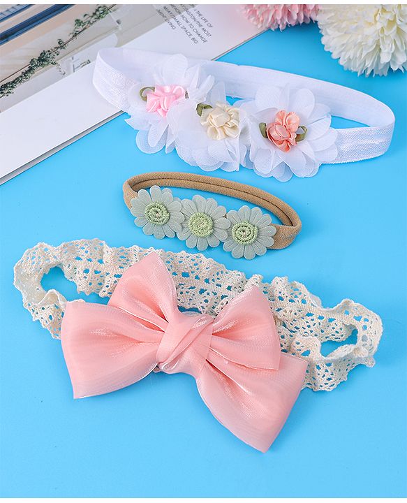 Babyhug Bow & Floral Applique Headband  Pack of 3 Print - White & Pink