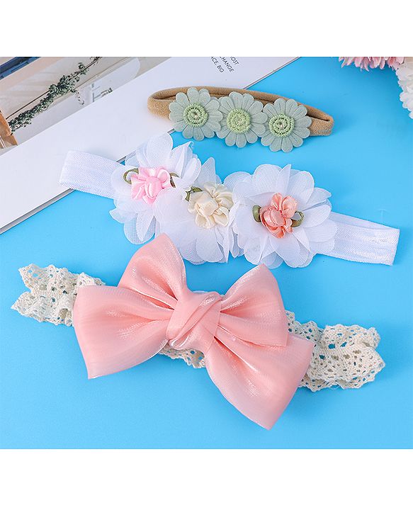 Babyhug Bow & Floral Applique Headband  Pack of 3 Print - White & Pink
