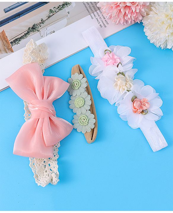 Babyhug Bow & Floral Applique Headband  Pack of 3 Print - White & Pink