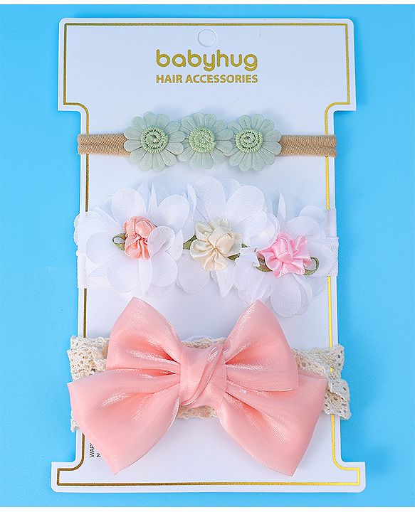 Babyhug Bow & Floral Applique Headband  Pack of 3 Print - White & Pink