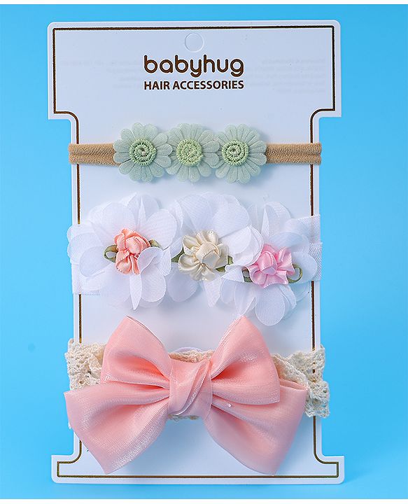 Babyhug Bow & Floral Applique Headband  Pack of 3 Print - White & Pink