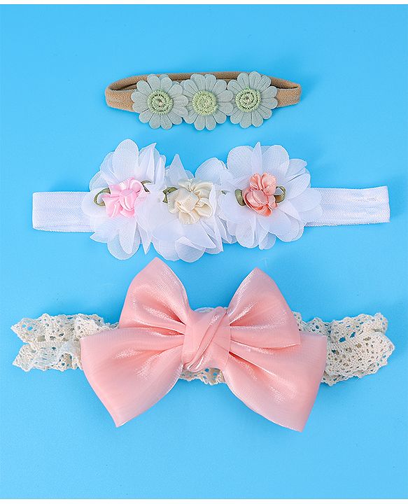 Babyhug Bow & Floral Applique Headband  Pack of 3 Print - White & Pink