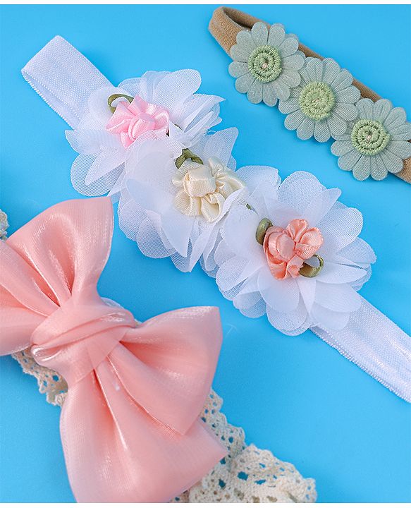 Babyhug Bow & Floral Applique Headband  Pack of 3 Print - White & Pink