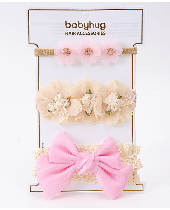 Babyhug Headbands with Floral Applique Pack of 3 - Pink & Peach