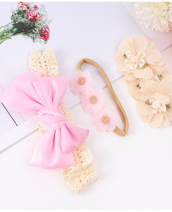 Babyhug Headbands with Floral Applique Pack of 3 - Pink & Peach