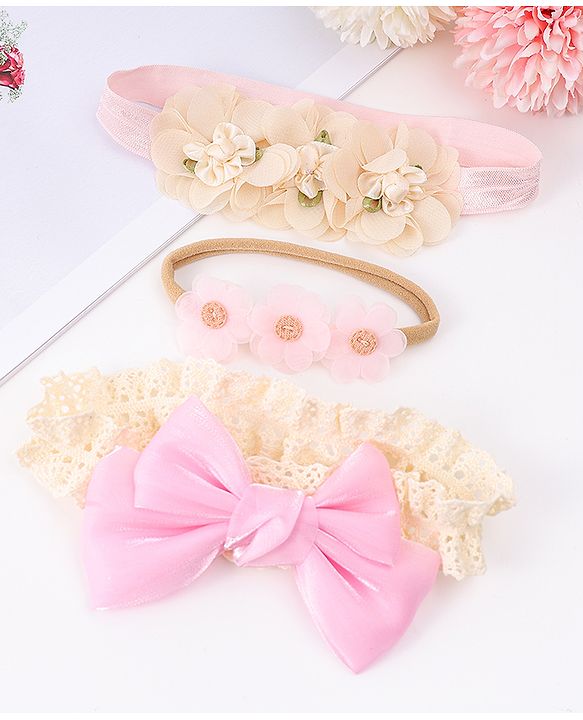 Babyhug Headbands with Floral Applique Pack of 3 - Pink & Peach