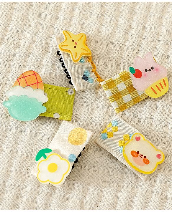 Babyhug Hair Clips with Bear Floral & Cupcake Applique Pack of 5 - Yellow & White