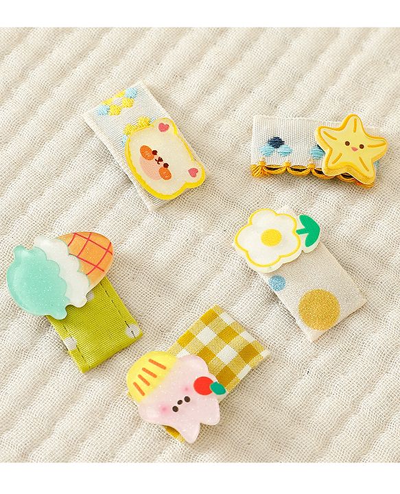 Babyhug Hair Clips with Bear Floral & Cupcake Applique Pack of 5 - Yellow & White