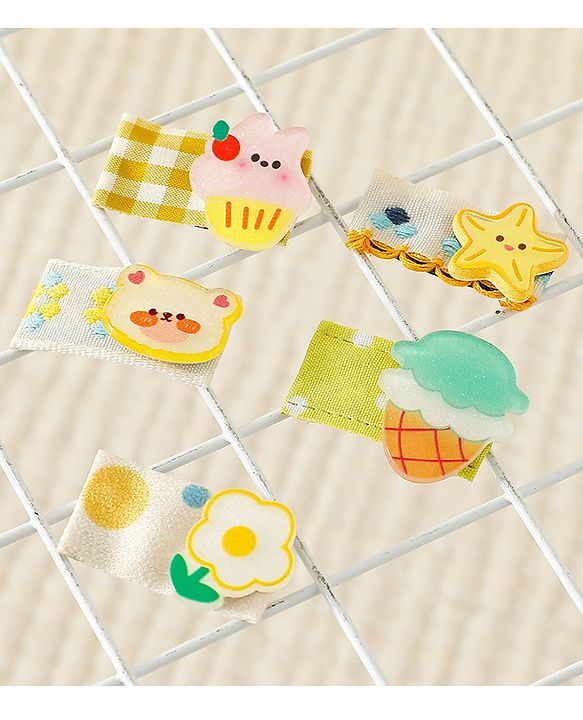 Babyhug Hair Clips with Bear Floral & Cupcake Applique Pack of 5 - Yellow & White