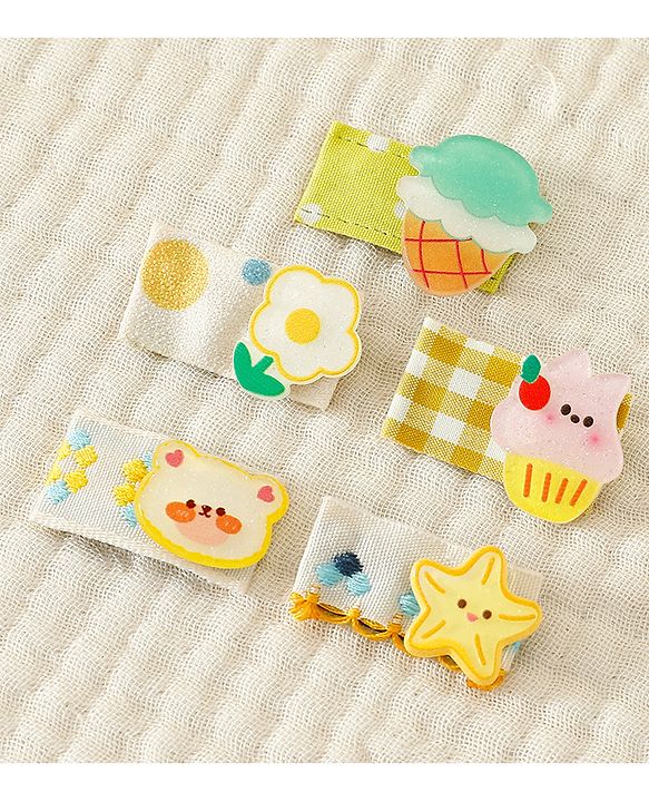 Babyhug Hair Clips with Bear Floral & Cupcake Applique Pack of 5 - Yellow & White