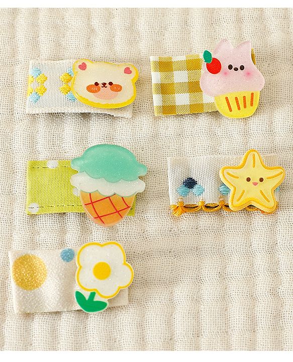 Babyhug Hair Clips with Bear Floral & Cupcake Applique Pack of 5 - Yellow & White