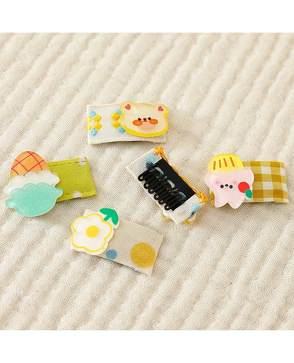 Babyhug Hair Clips with Bear Floral & Cupcake Applique Pack of 5 - Yellow & White
