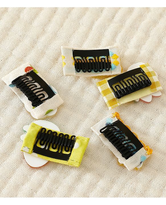 Babyhug Hair Clips with Bear Floral & Cupcake Applique Pack of 5 - Yellow & White