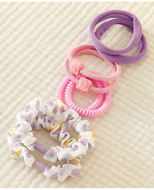 Pine Kinds Rubber Bands & Scrunchies Set with Floral Applique Pack of 8 - Pink & Purple