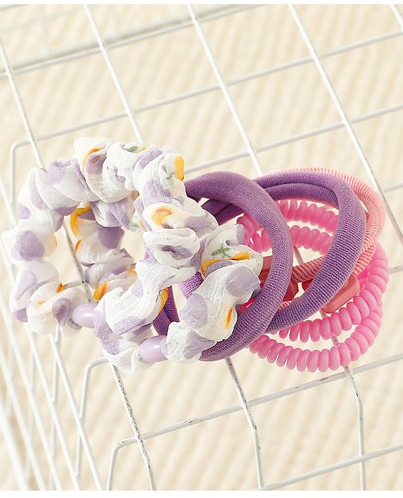 Pine Kinds Rubber Bands & Scrunchies Set with Floral Applique Pack of 8 - Pink & Purple