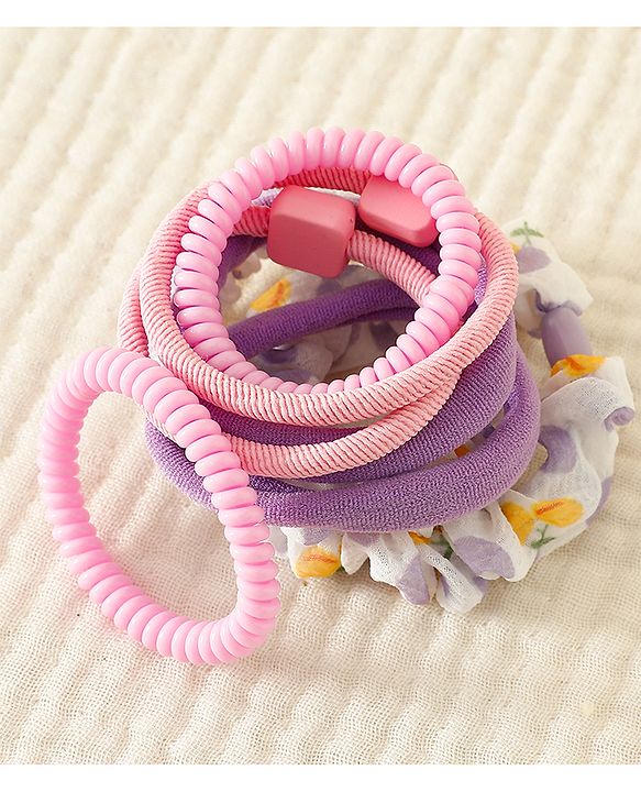 Pine Kinds Rubber Bands & Scrunchies Set with Floral Applique Pack of 8 - Pink & Purple