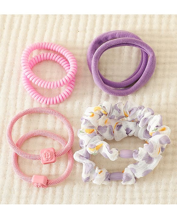 Pine Kinds Rubber Bands & Scrunchies Set with Floral Applique Pack of 8 - Pink & Purple