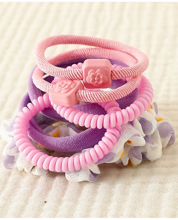 Pine Kinds Rubber Bands & Scrunchies Set with Floral Applique Pack of 8 - Pink & Purple