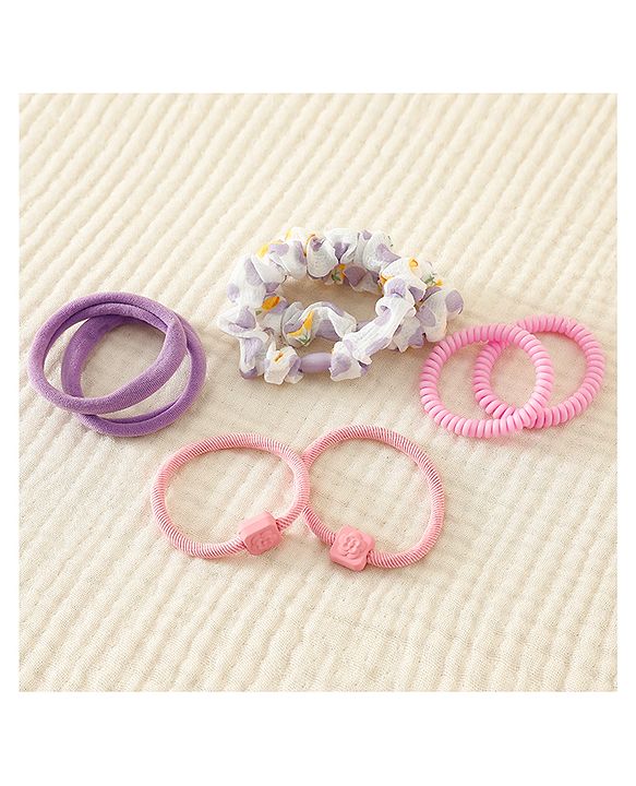 Pine Kinds Rubber Bands & Scrunchies Set with Floral Applique Pack of 8 - Pink & Purple