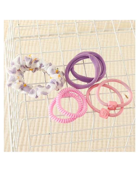 Pine Kinds Rubber Bands & Scrunchies Set with Floral Applique Pack of 8 - Pink & Purple