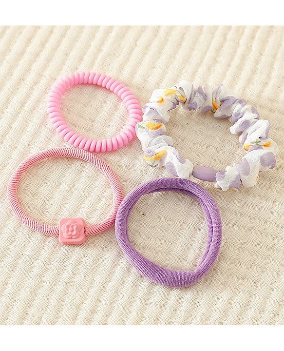 Pine Kinds Rubber Bands & Scrunchies Set with Floral Applique Pack of 8 - Pink & Purple