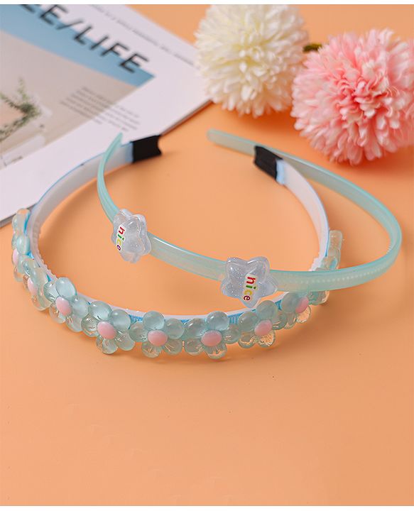 Babyhug Free Size Hair Bands With Floral & Star Applique Pack of 2 - Light Blue