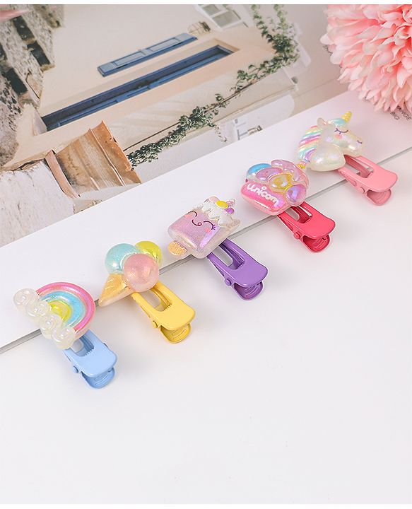 Babyhug Snap Clips with Floral Applique Pack of 6 - Pink Yellow and Sky Blue