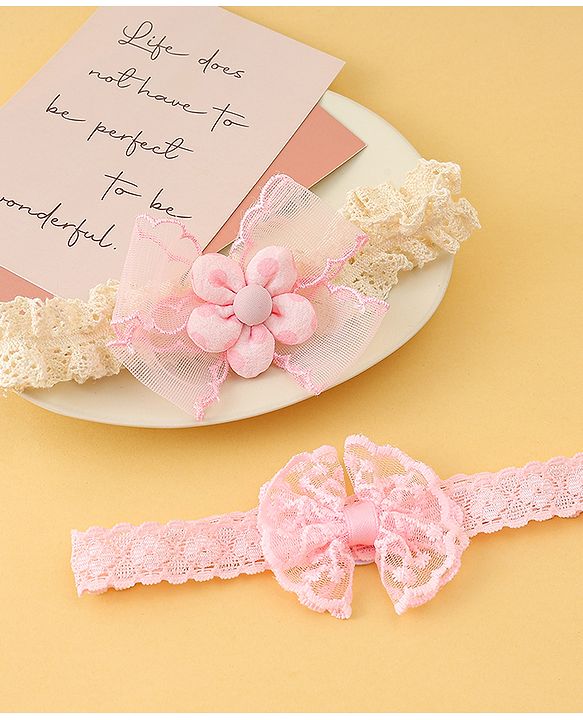 Babyhug Headbands with Floral Applique Pack of 2 - Offwhite & Light Green