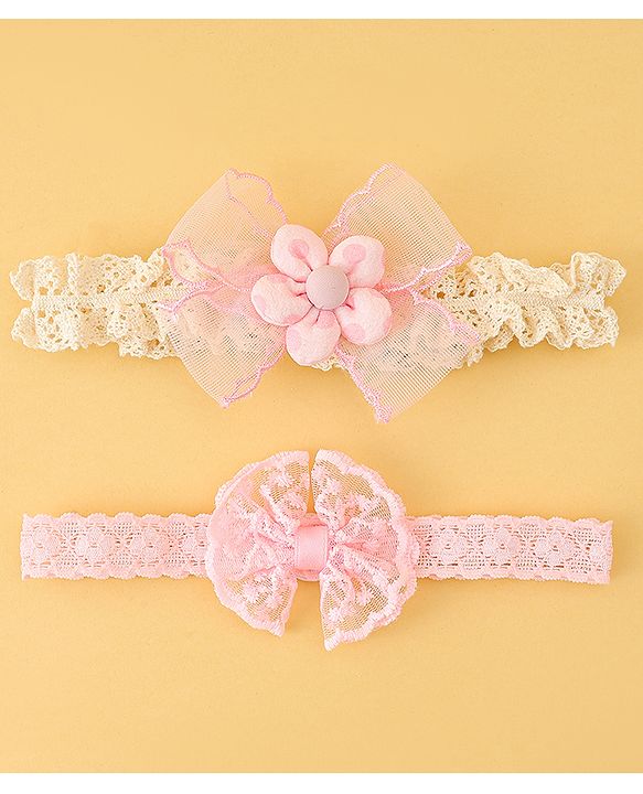 Babyhug Headbands with Floral Applique Pack of 2 - Offwhite & Light Green