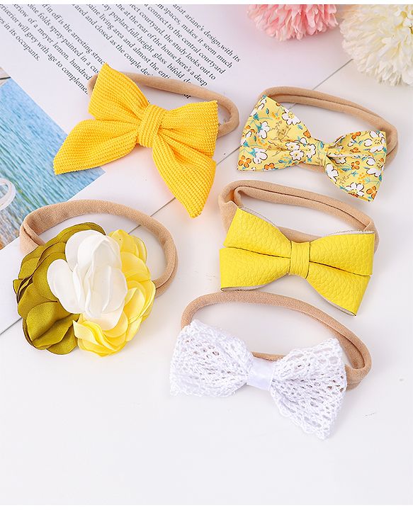 Babyhug Free Size Headbands with Bow & Floral Applique Pack of 5 - Yellow