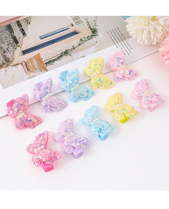 Babyhug Bow & Butterfly Clips with Sequins Pack of 10 - Yellow Pink and Lilac