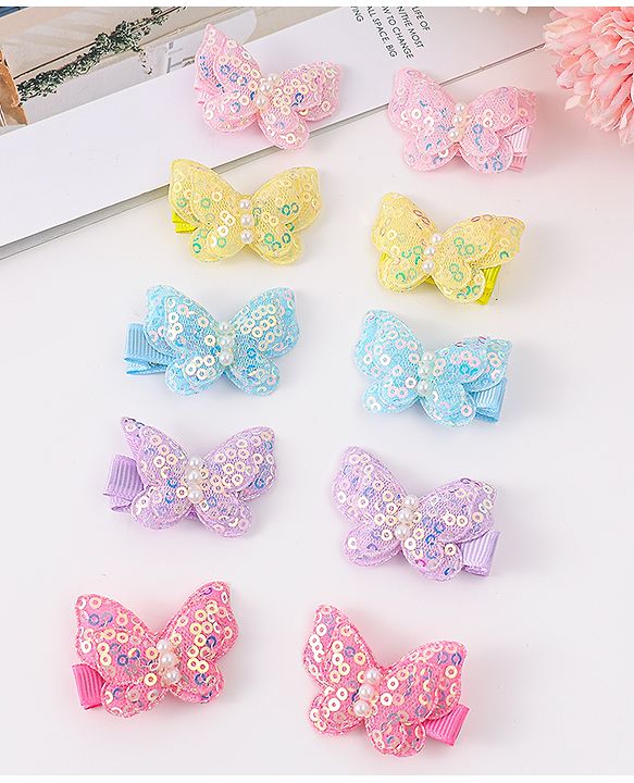 Babyhug Bow & Butterfly Clips with Sequins Pack of 10 - Yellow Pink and Lilac