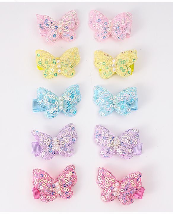 Babyhug Bow & Butterfly Clips with Sequins Pack of 10 - Yellow Pink and Lilac