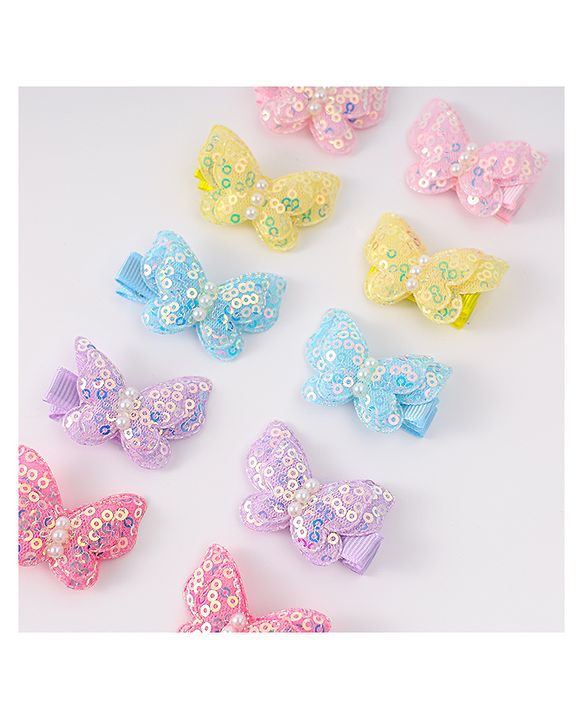 Babyhug Bow & Butterfly Clips with Sequins Pack of 10 - Yellow Pink and Lilac