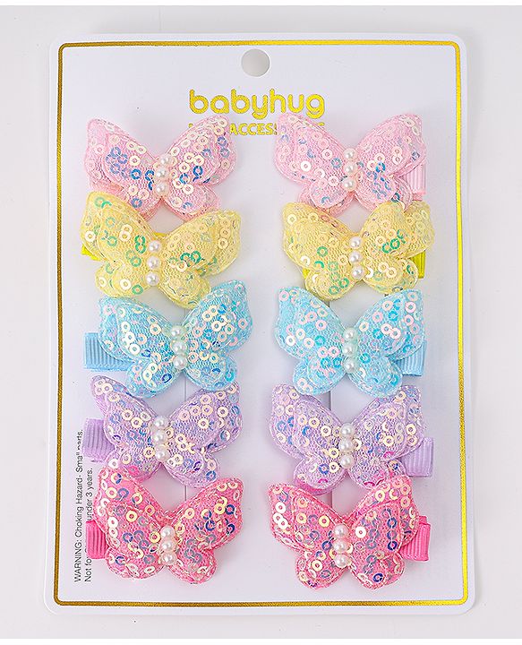 Babyhug Bow & Butterfly Clips with Sequins Pack of 10 - Yellow Pink and Lilac