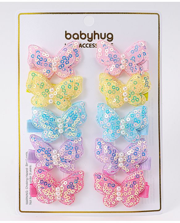 Babyhug Bow & Butterfly Clips with Sequins Pack of 10 - Yellow Pink and Lilac