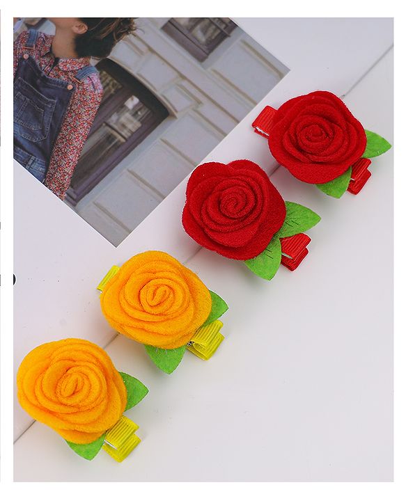 Babyhug Hair Clips with Floral Applique Pack of 4 - Yellow Red and Green