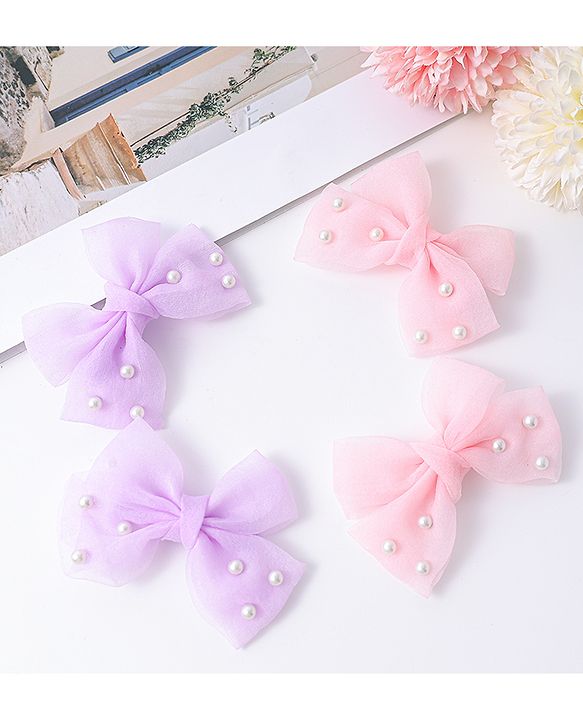 Babyhug Bow & Butterfly Clips Set of 4  - Pink & Purple