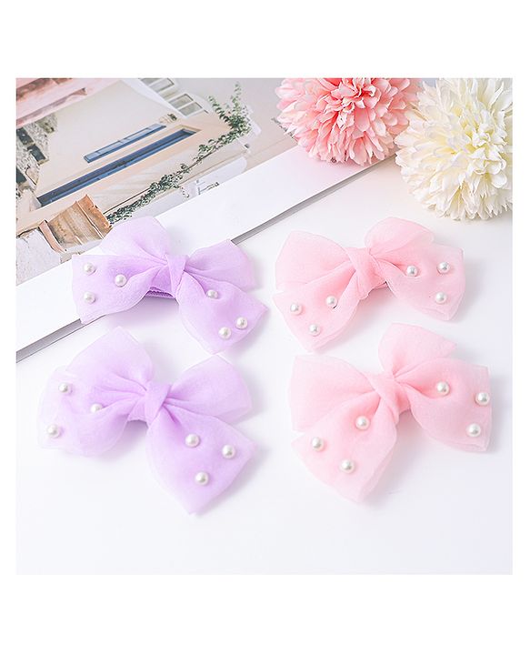 Babyhug Bow & Butterfly Clips Set of 4  - Pink & Purple