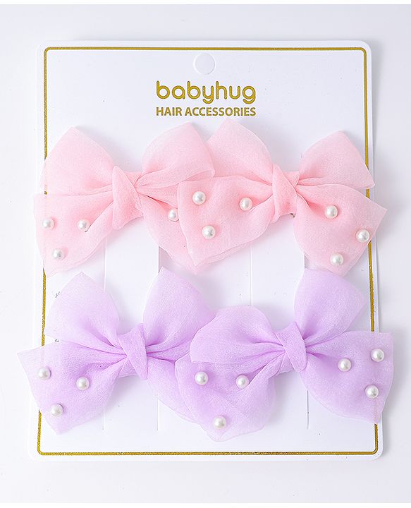 Babyhug Bow & Butterfly Clips Set of 4  - Pink & Purple
