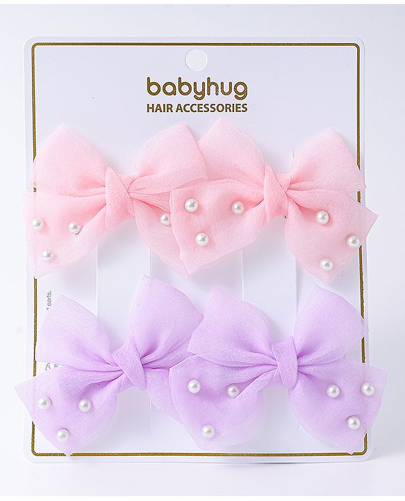 Babyhug Bow & Butterfly Clips Set of 4  - Pink & Purple