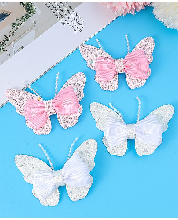 Babyhug Bow and Butterfly Clips Set of 4 - White & Pink