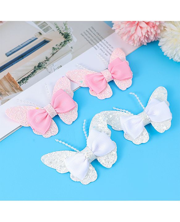 Babyhug Bow and Butterfly Clips Set of 4 - White & Pink