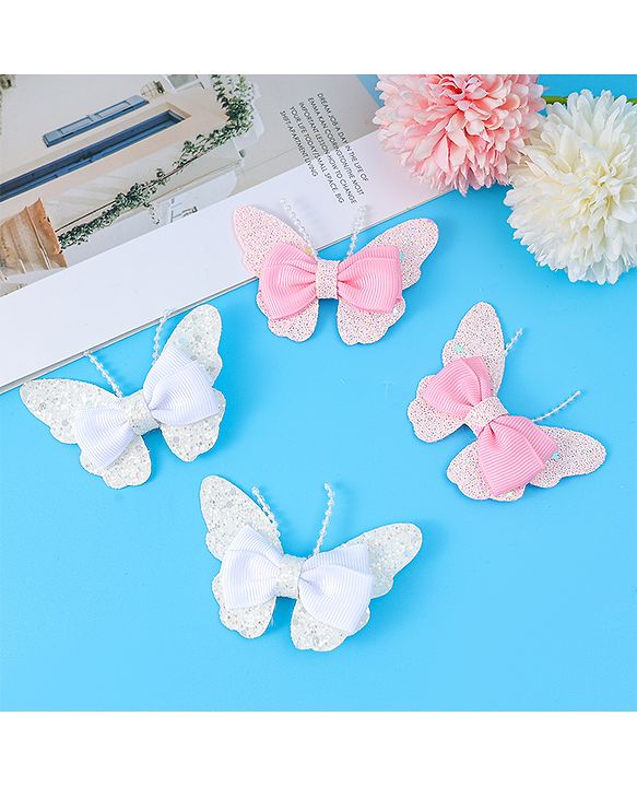 Babyhug Bow and Butterfly Clips Set of 4 - White & Pink