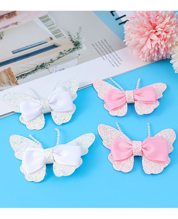 Babyhug Bow and Butterfly Clips Set of 4 - White & Pink