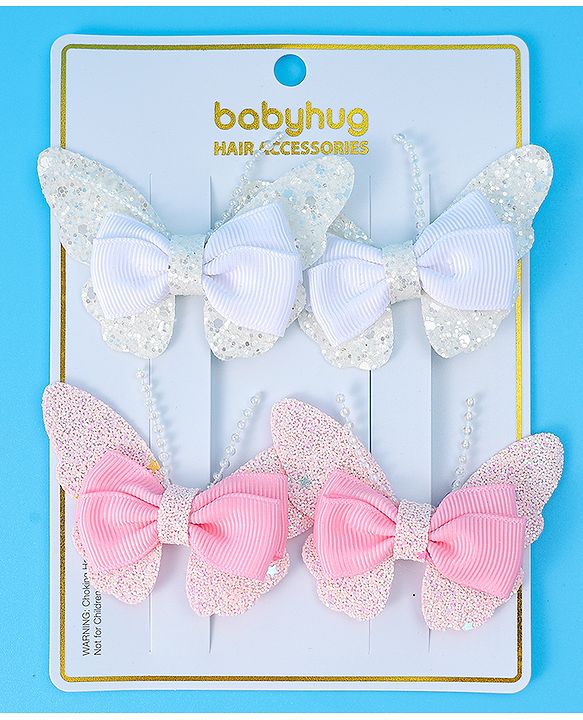 Babyhug Bow and Butterfly Clips Set of 4 - White & Pink