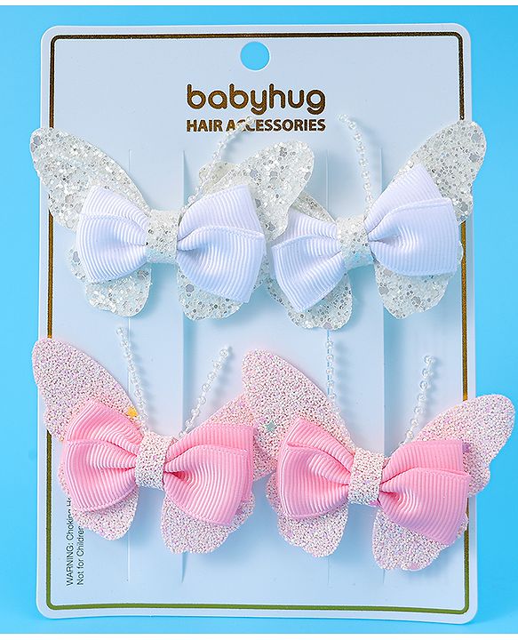 Babyhug Bow and Butterfly Clips Set of 4 - White & Pink