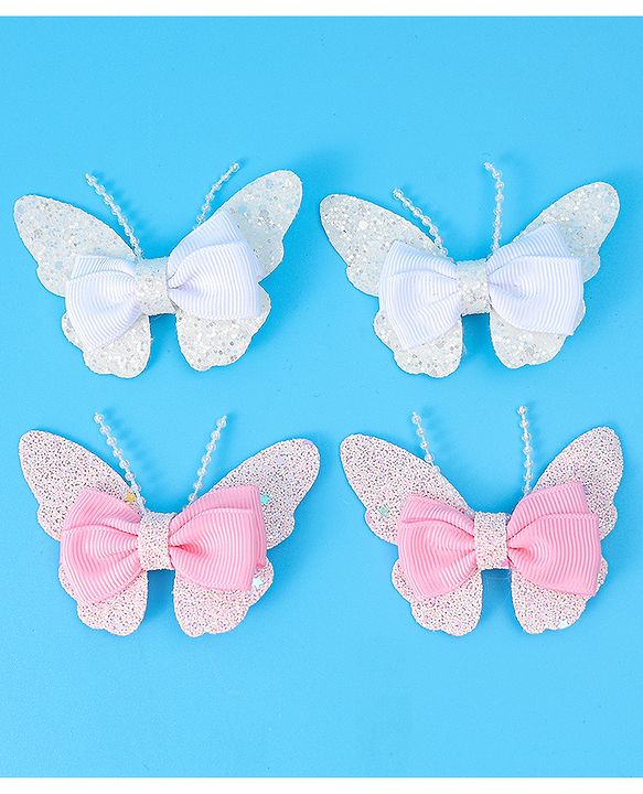 Babyhug Bow and Butterfly Clips Set of 4 - White & Pink