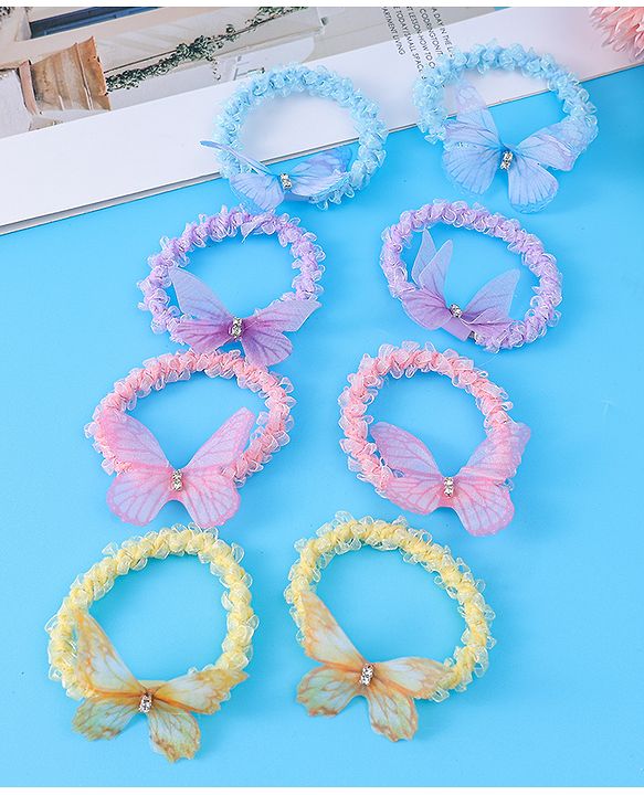 Pine Kids Hair Rubber Bands Pack of 8 With Butterfly Applique- Multicolor